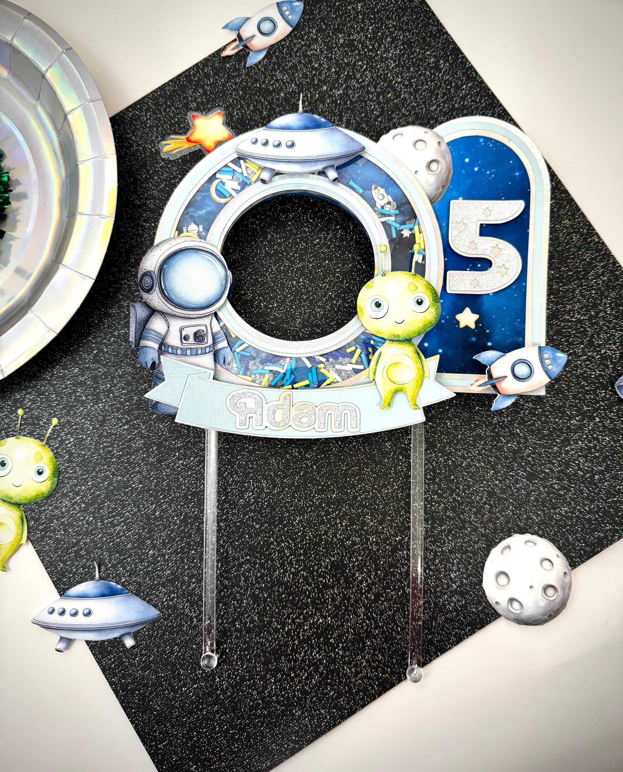 Personalized Space Cake Topper with light | Shaker Cake Topper | Space Theme Birthday Decor | Astronaut Cake Topper | Astronaut Birthday