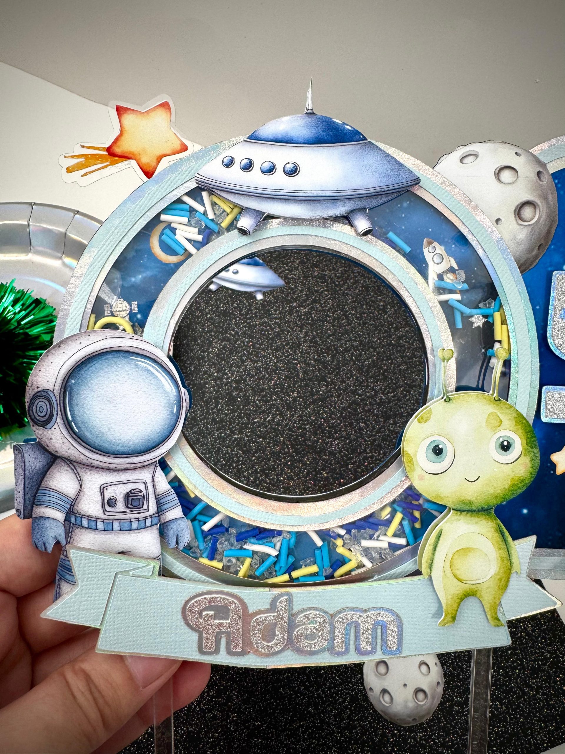 Personalized Space Cake Topper with light | Shaker Cake Topper | Space Theme Birthday Decor | Astronaut Cake Topper | Astronaut Birthday - Image 3